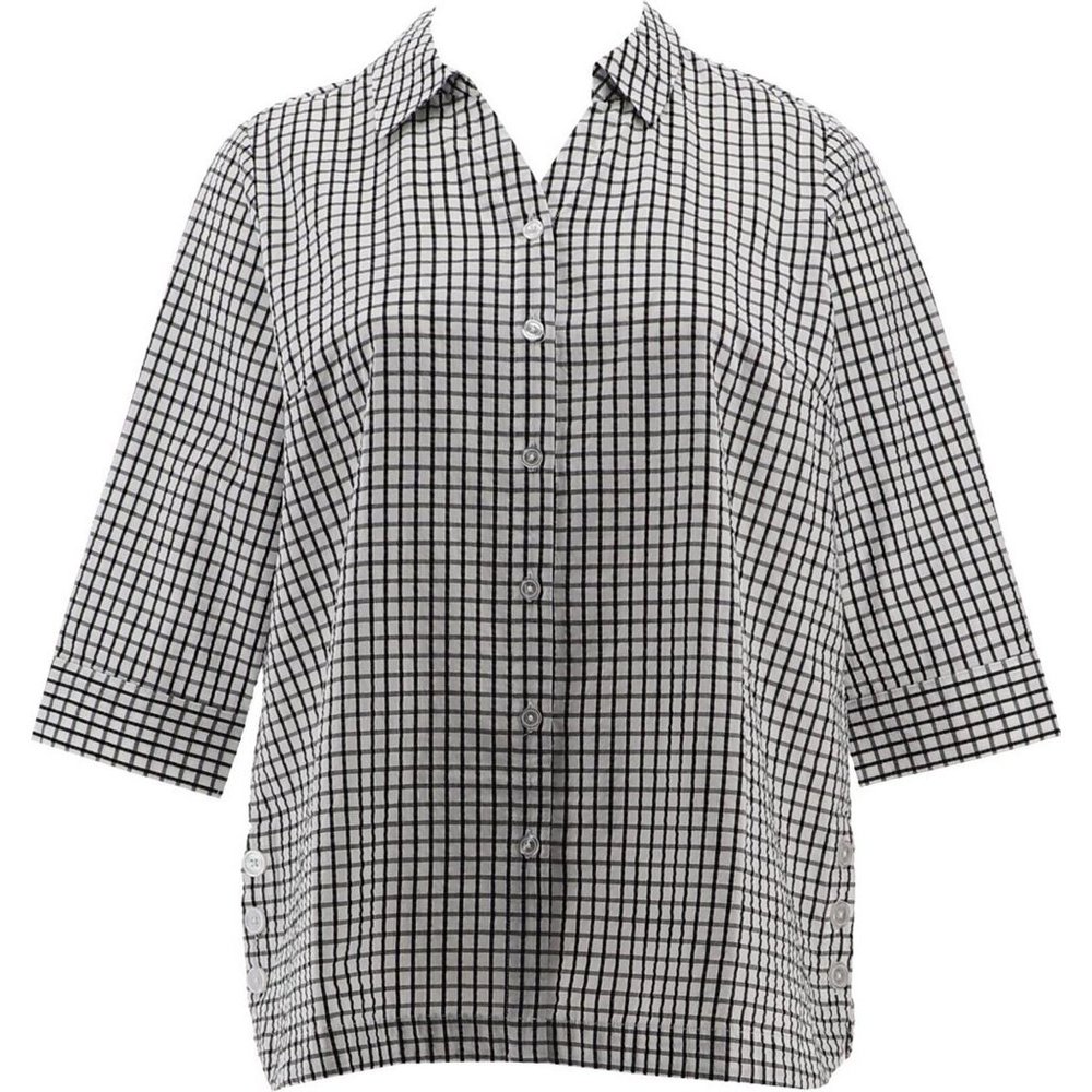 NWT JOAN RIVERS TEXTURED BUTTON FRONT SHIRT W/SIDE BUTTONS WHITE/BLACK XS, XXS